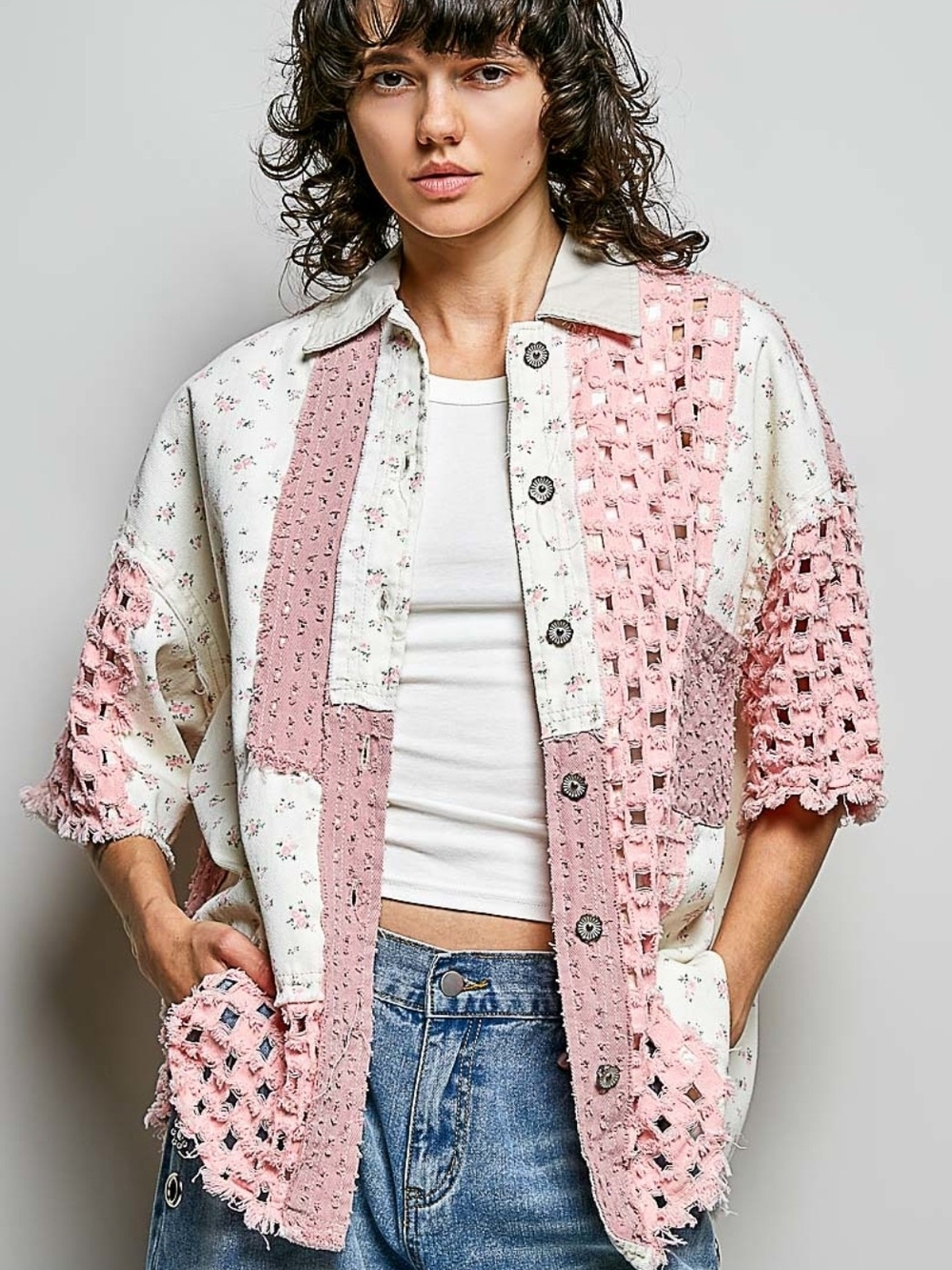 NEW!! Pink & Cream Patchwork Crochet-Trim Button Front Shacket, Sz Large